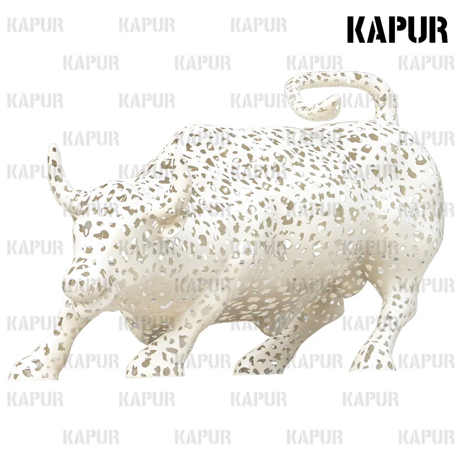Large hollow-out buffalo animal sculpture in polished stainless steel standing in an outdoor landscape setting