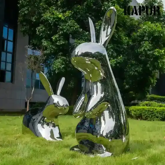 Polished stainless steel rabbit sculpture standing on a paved outdoor plaza, reflecting the sky and surrounding greenery