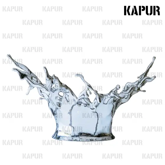 Polished stainless steel water splash table sculpture with flowing water in an outdoor plaza setting