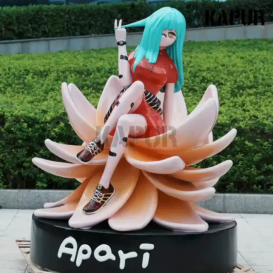 Large-scale fiberglass animation character sculpture standing in a modern urban plaza with a smooth painted surface