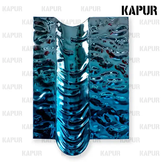 Polished stainless steel water ripple hanging sculpture mounted on a wall in a modern hotel lobby