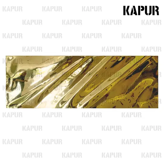 Gold-pleated stainless steel wall decoration mounted on a modern interior wall with reflective surface