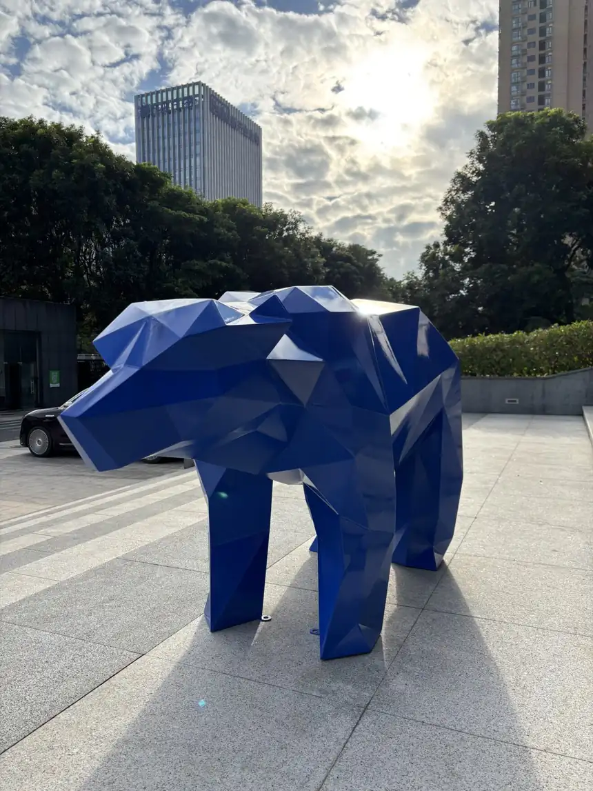 Blue Geometric Walking Bear Sculpture