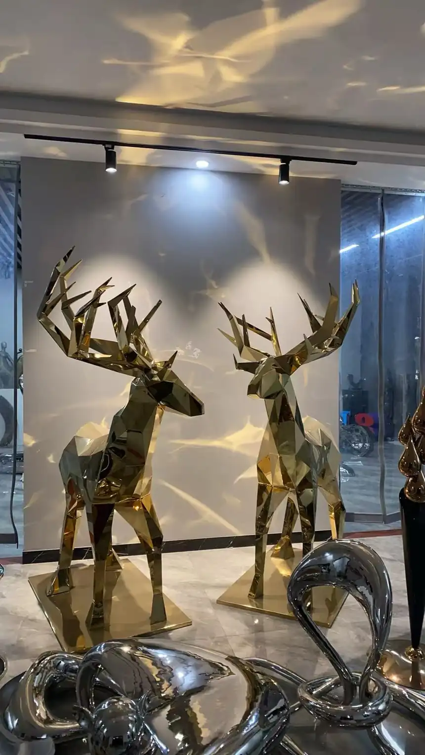 Golden Geometric Deer Sculptures