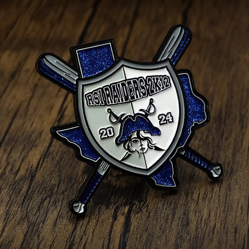 Close-up of blue glitter enamel on a baseball-shaped lapel pin