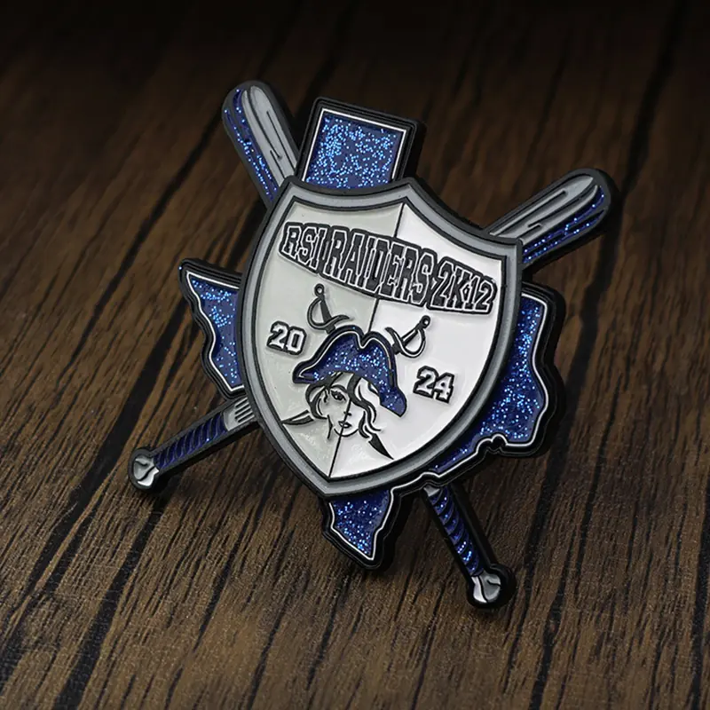 Side view of a 2024 baseball trading pin showing depth and glitter texture
