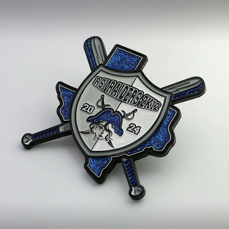 Blue glitter enamel baseball trading pin with polished silver finish and safety clasp