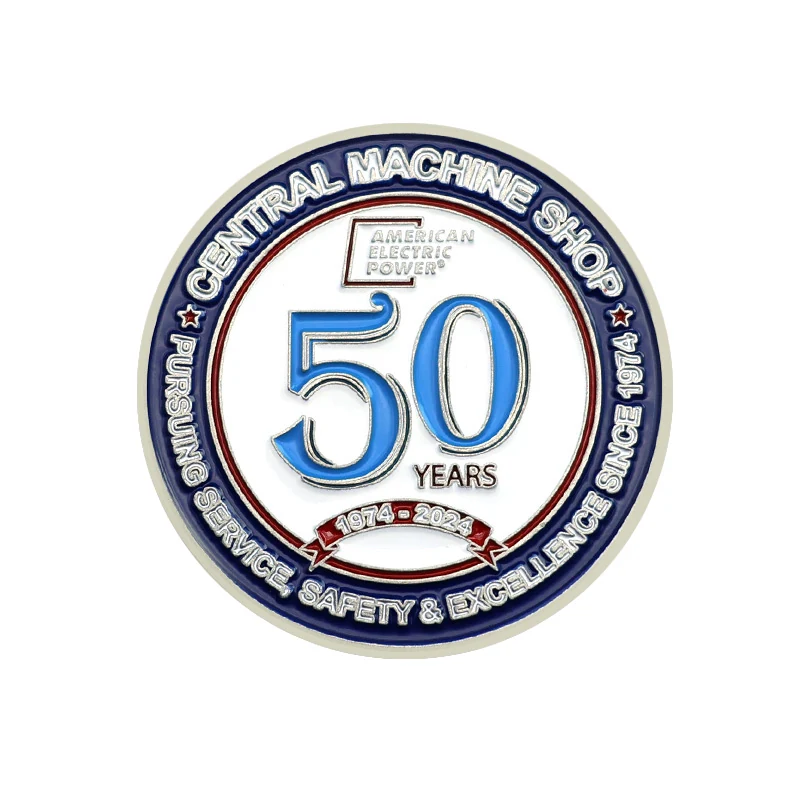 Reverse side and pin back detail of a custom die struck 50th anniversary challenge coin