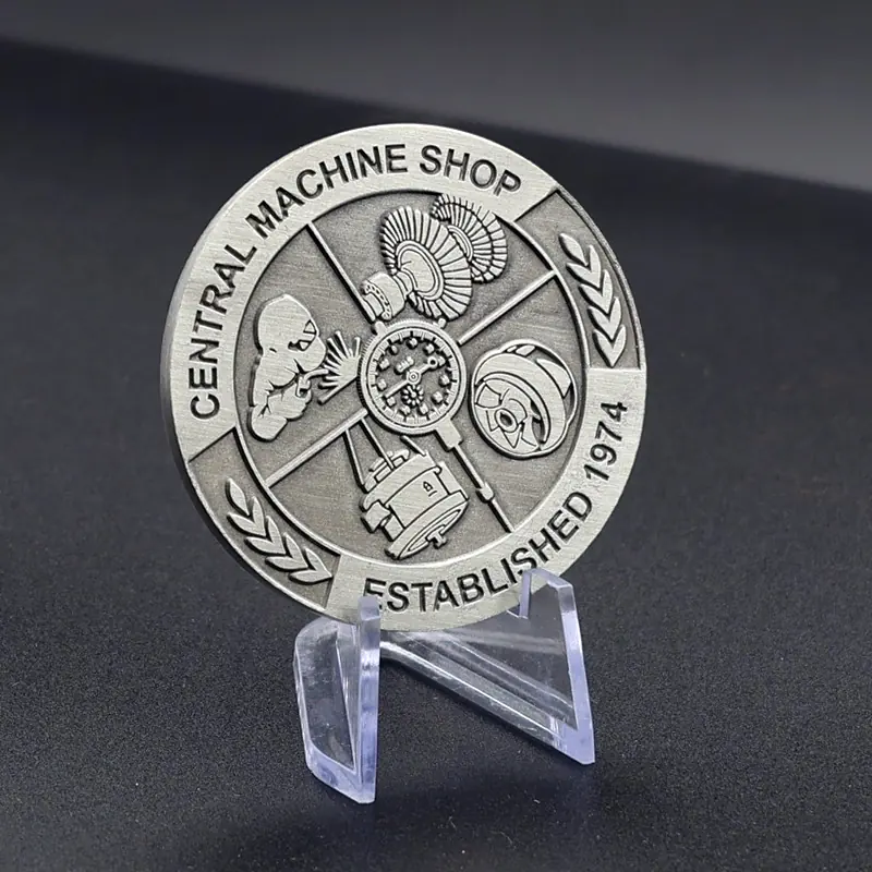 Side view of a custom 50th anniversary challenge coin with epoxy dome and pin back