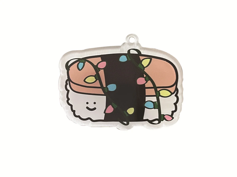 Custom acrylic hamburger keychain with white edge and no chain, clear body with printed details