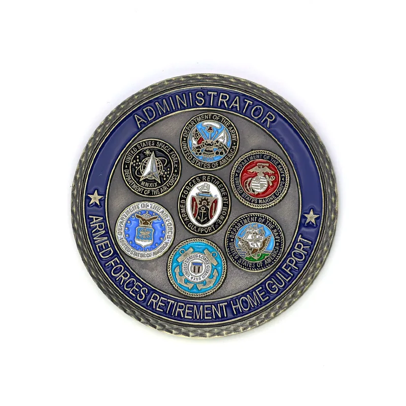 Close-up of a challenge coin with epoxy dome and detailed architectural lines
