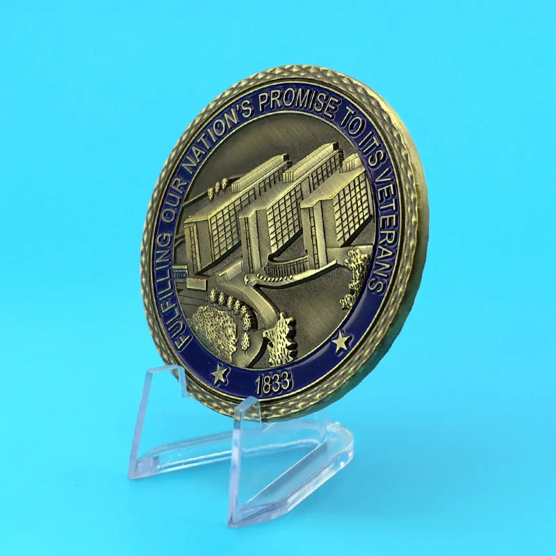 Reverse side of a custom challenge coin with engraved city name and logo