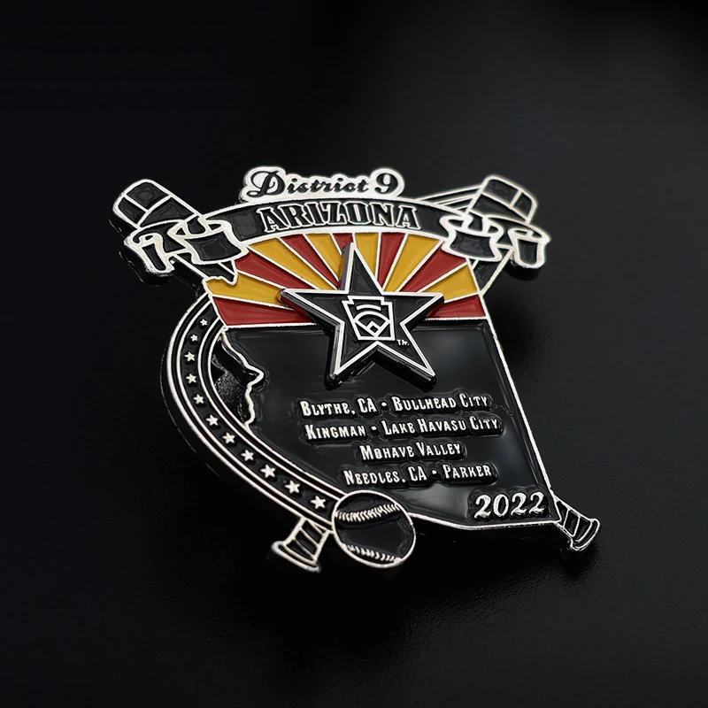 Packaged custom baseball lapel pins in individual bags with a team name label