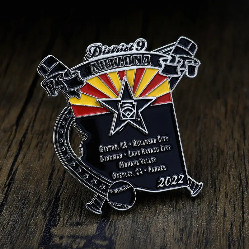 Custom gold baseball lapel pin with red white and blue enamel for a youth league, showing team logo and 2022 season