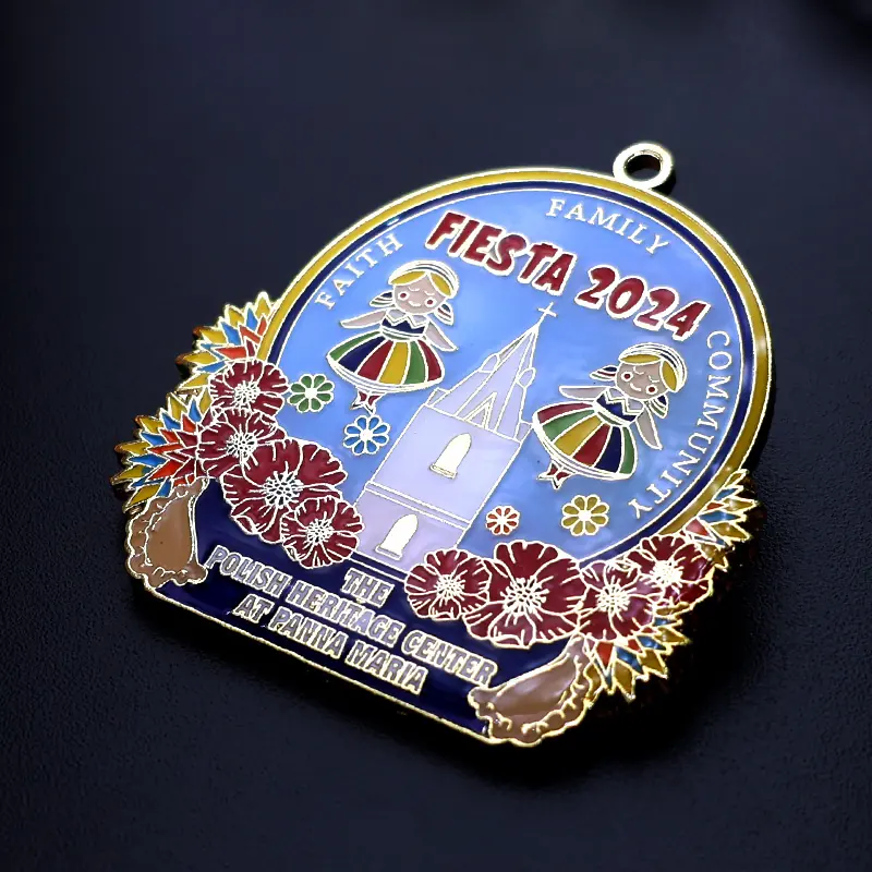 Custom gold 2024 carnival medal with vibrant red white and blue enamel on a printed neck ribbon