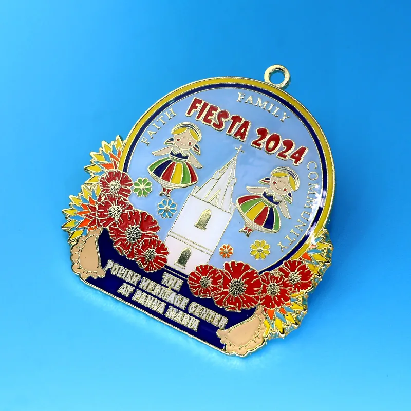 Close-up of hand enamel filled details on a custom carnival medal with polished gold finish