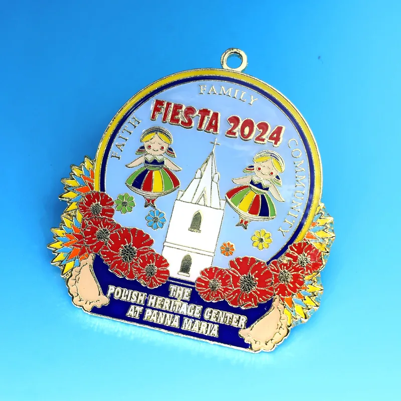 Side view of a custom 2024 carnival medal showing the raised die struck relief and epoxy dome