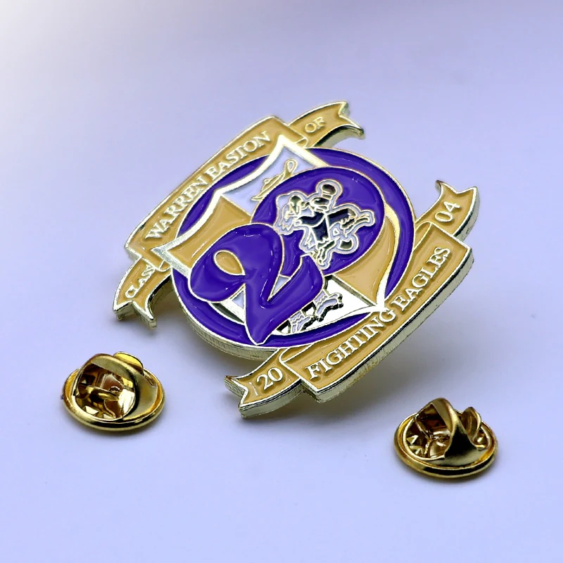Side view of a custom lapel pin with streamer showing the metal pin attachment