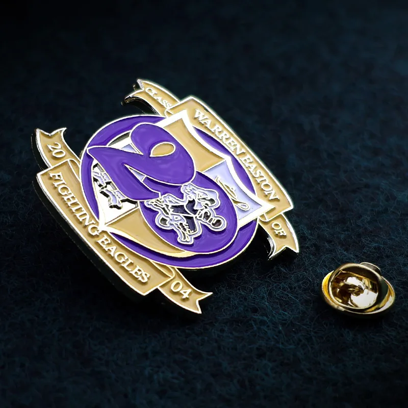 Back view of a custom lapel pin with streamer and metal rivet attachment