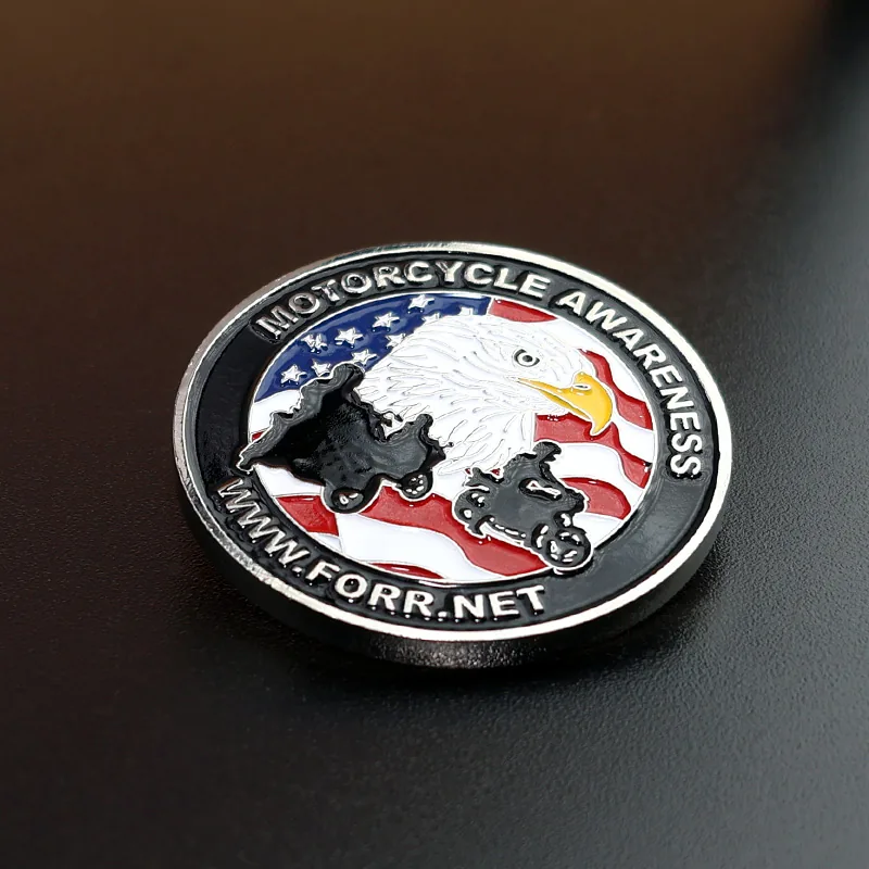 Custom die struck American eagle challenge coin with red white and blue enamel in polished gold finish