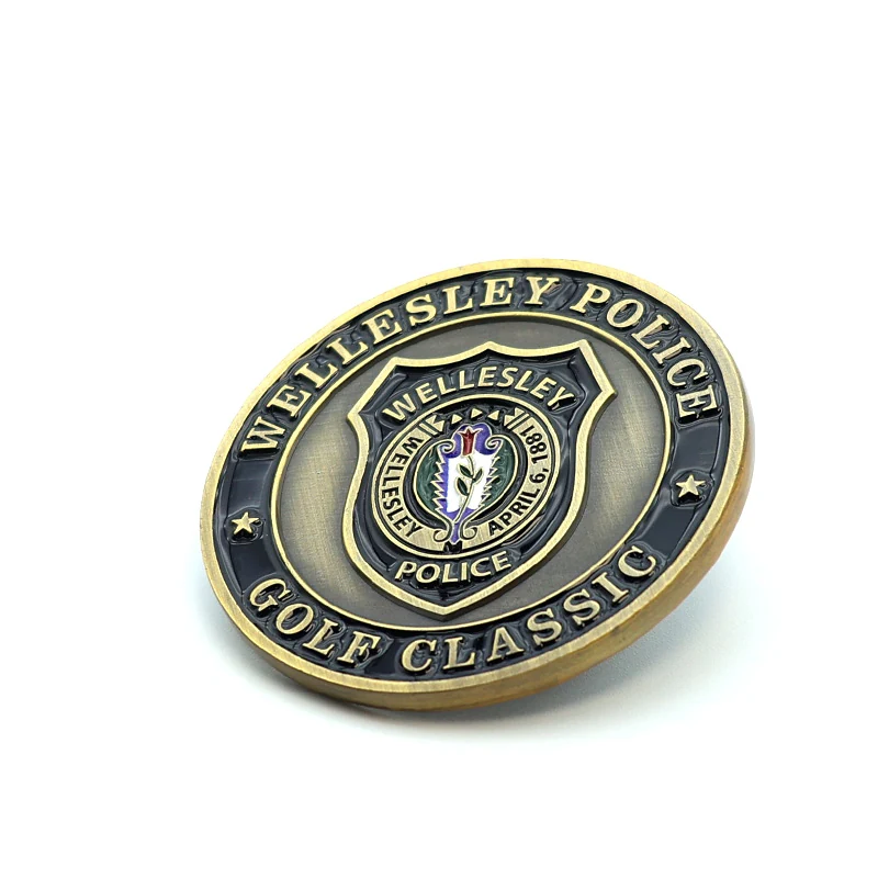 Reverse side of a custom antique brass challenge coin with engraved details