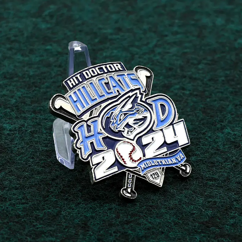 Group of custom baseball pins with different team logos and finishes