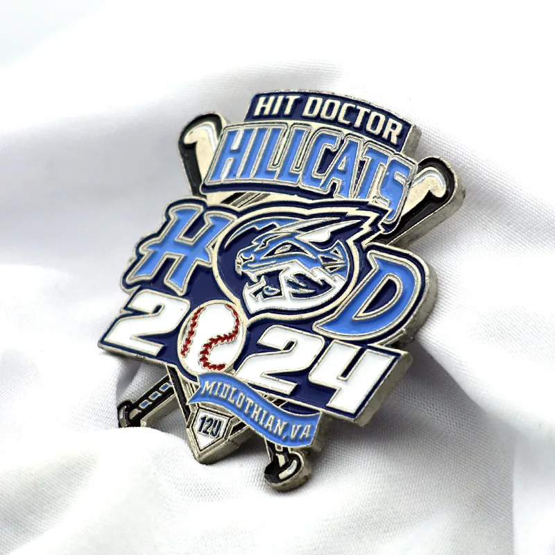 Custom baseball lapel pin with red white and blue enamel on a polished gold finish