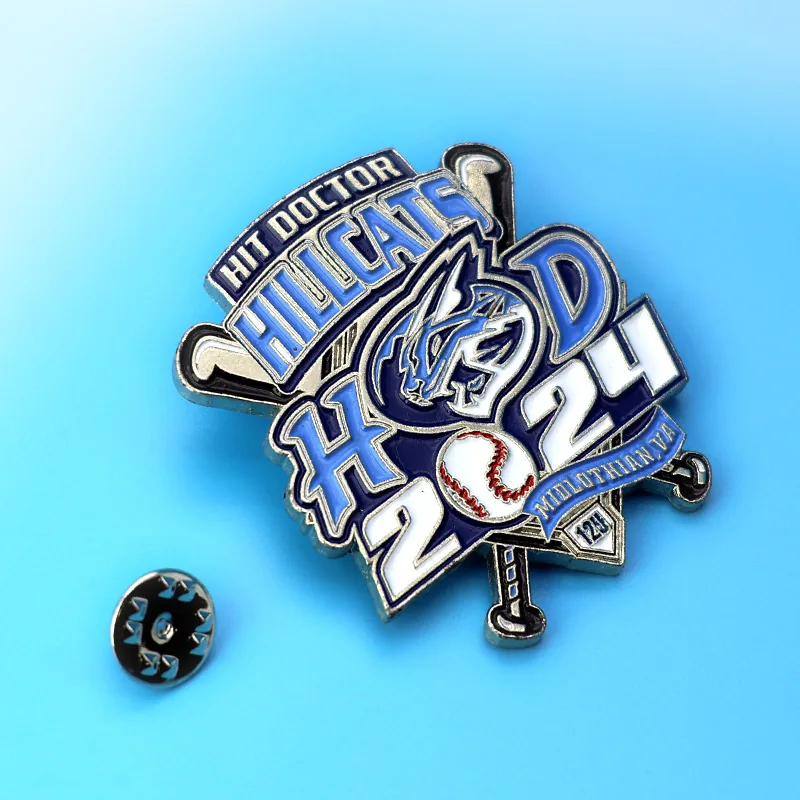Detail of a custom baseball pin showing the die struck relief and soft enamel fill
