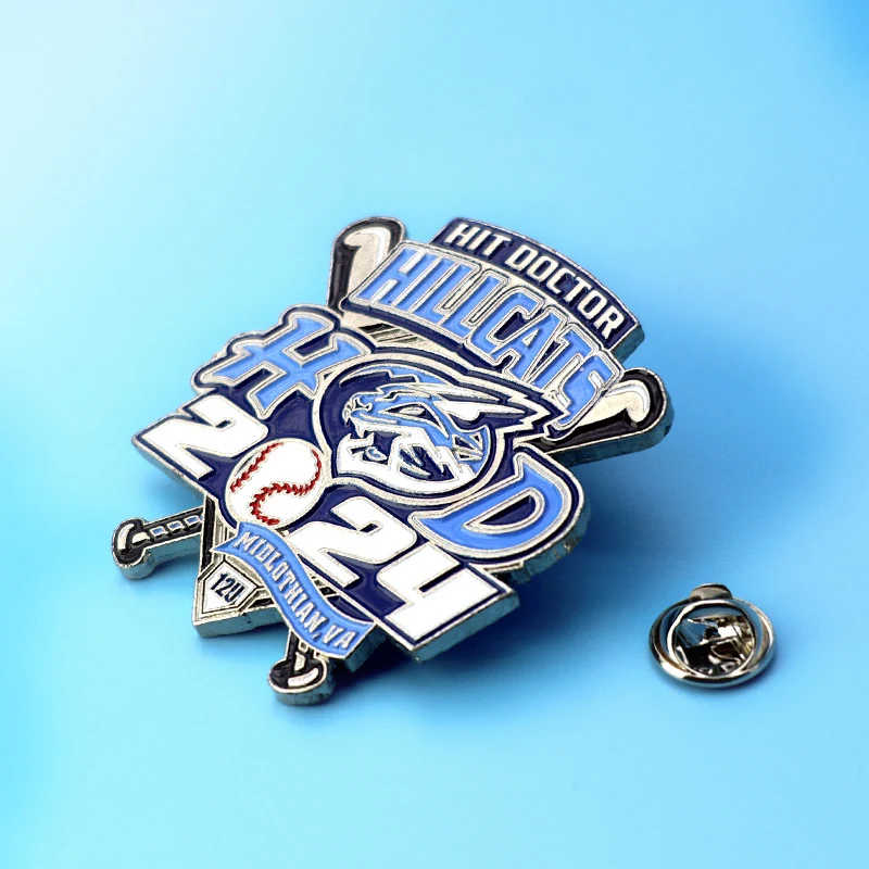 Side view of a custom baseball pin with butterfly clutch attachment