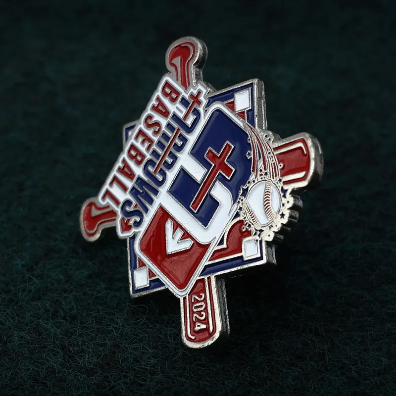 Side view of a custom baseball trading enamel pin with soft enamel fill and silver finish