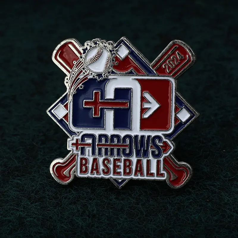 Close-up of the silver-plated face and butterfly clutch pin back on a custom baseball trading pin