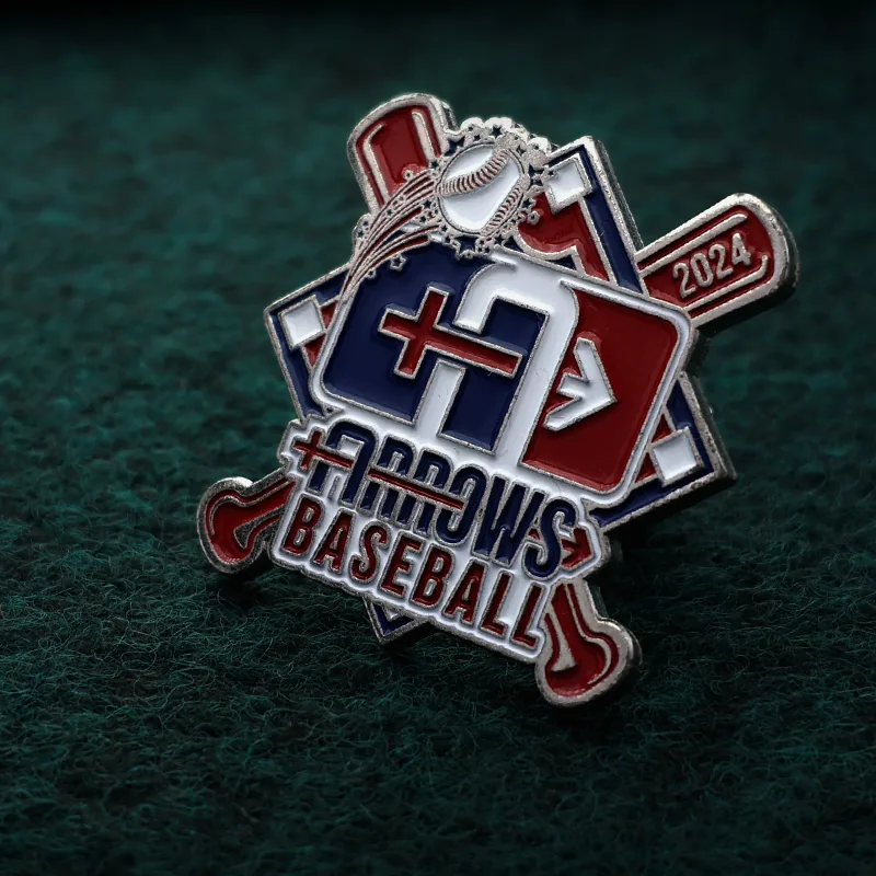 Custom baseball trading enamel pin with silver plating and soft enamel colour, showing a baseball and bat design