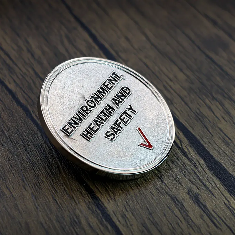 Reverse side and pin back detail of a custom die struck challenge coin