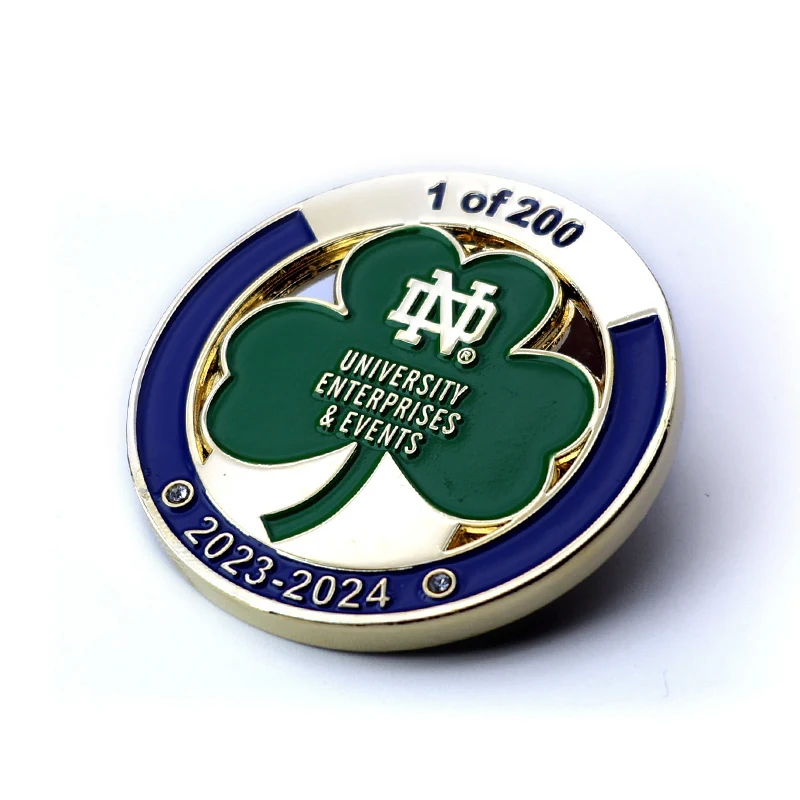 Close-up of soft enamel fill and raised relief on a custom clover coin