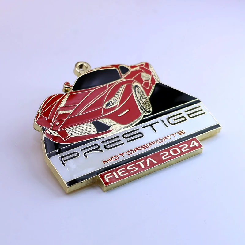 Custom Fiesta medal with red and gold enamel and clear epoxy dome, struck from artwork for a cultural festival