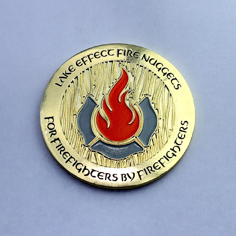 Reverse side of a custom die struck fire department challenge coin with station number and logo