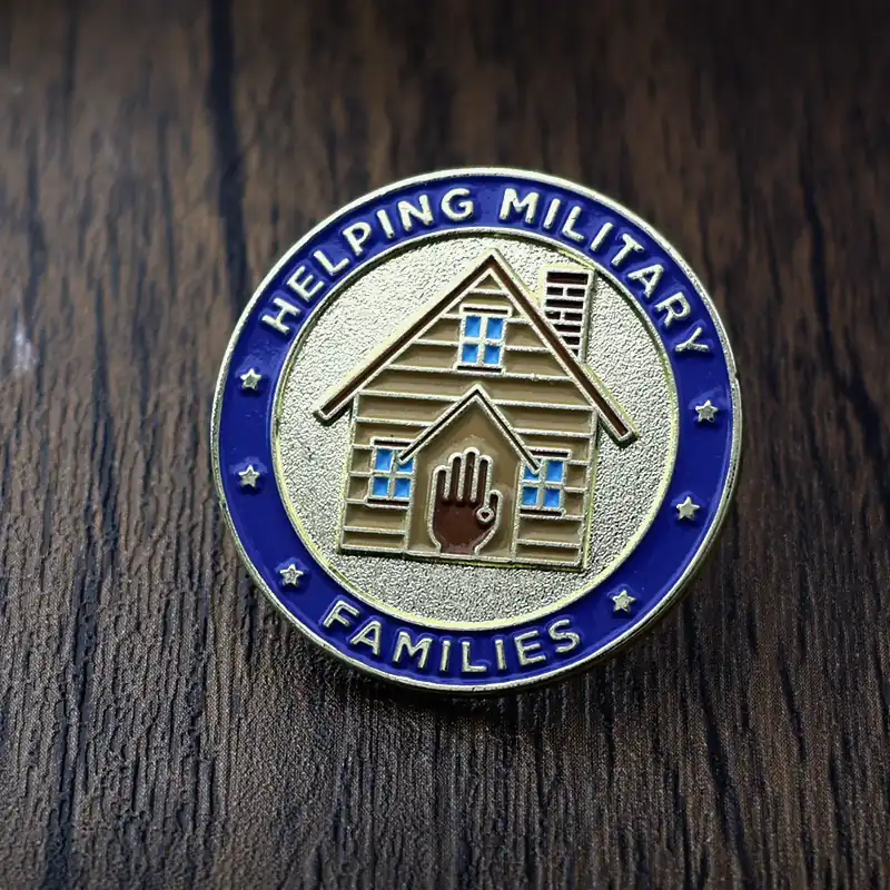 Reverse side of a custom House of Hope lapel pin with a blank surface ready for engraving