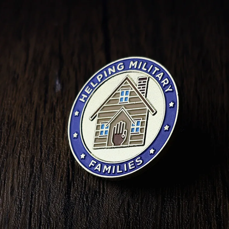 Close-up of the front and pin back of a custom House of Hope lapel pin