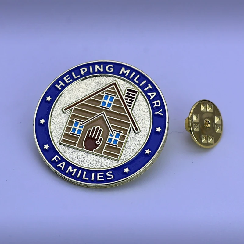 Custom House of Hope enamel lapel pin with soft enamel in red white and blue on a polished gold finish