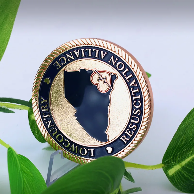Close-up of soft enamel colour and raised relief on a custom peace and love coin