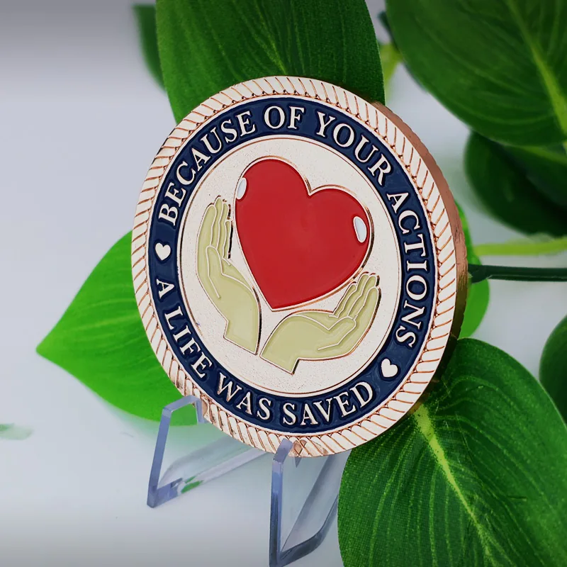 Multiple custom peace and love challenge coins in polished gold silver and antique finishes