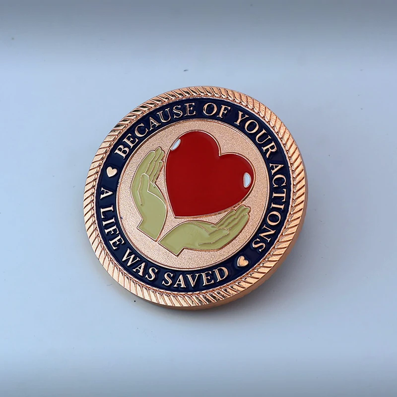 Custom die struck peace and love challenge coin in polished gold with soft enamel fill