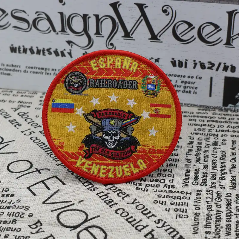 Close-up of a PVC skull head patch with sharp edges and solid colour fill, showing backing type