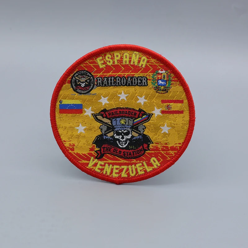Custom black red and white skull head patch with embroidered thread outline and filled detail