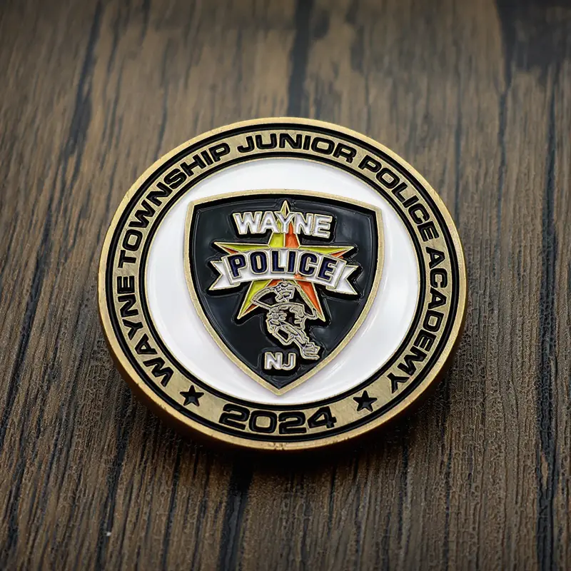 Detail of the Statue of Liberty face and torch on a die struck challenge coin