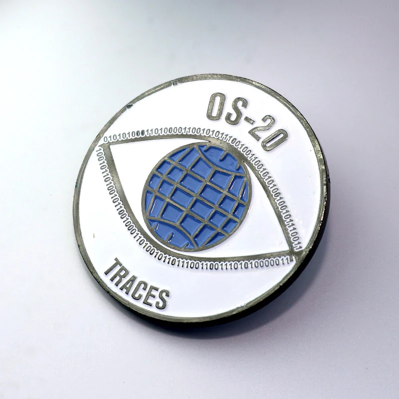 Reverse side of a custom antique silver challenge coin with blank surface and pin back