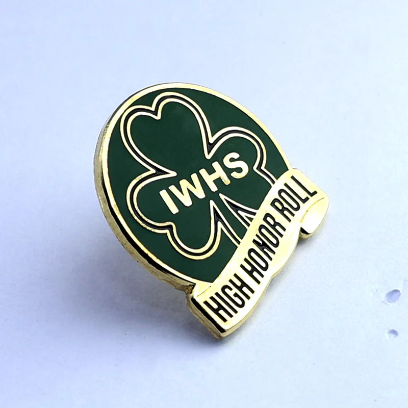 Custom green and white clover lapel pin with soft enamel and polished silver finish