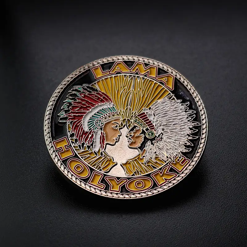 Close-up of the soft enamel fill and raised relief on a custom challenge coin