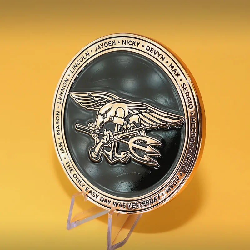 Reverse side of a custom snake challenge coin with a blank field for engraving