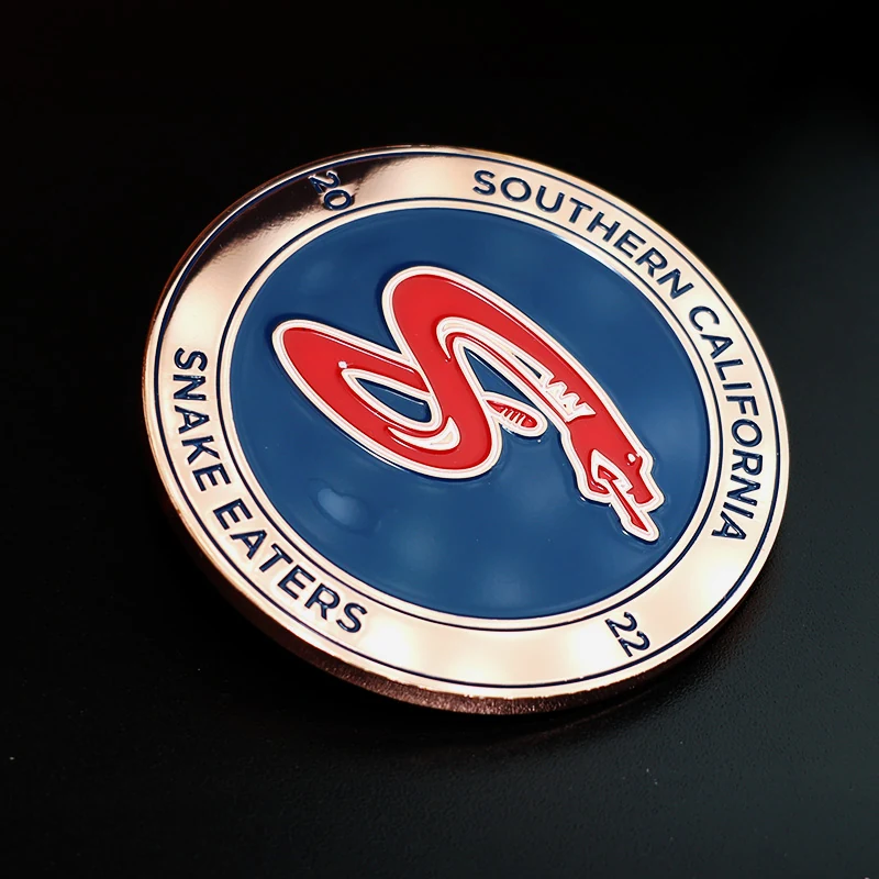 Lanyard loop option on a custom snake challenge coin with a red and black enamel snake